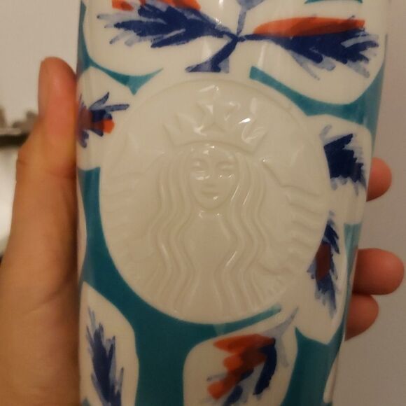 STARBUCKS floral blue and pink ceramic pink lid cup hot drink 12oz - Picture 3 of 7